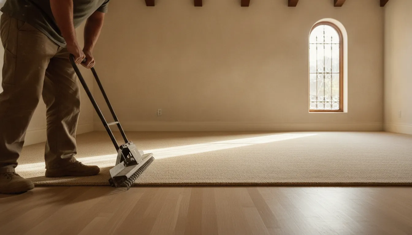 New carpet being stretched across a bedroom