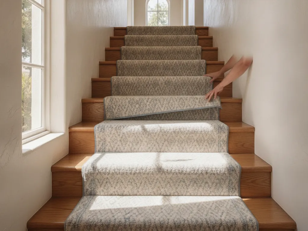 Staircase with a new carpet runner over oak treads