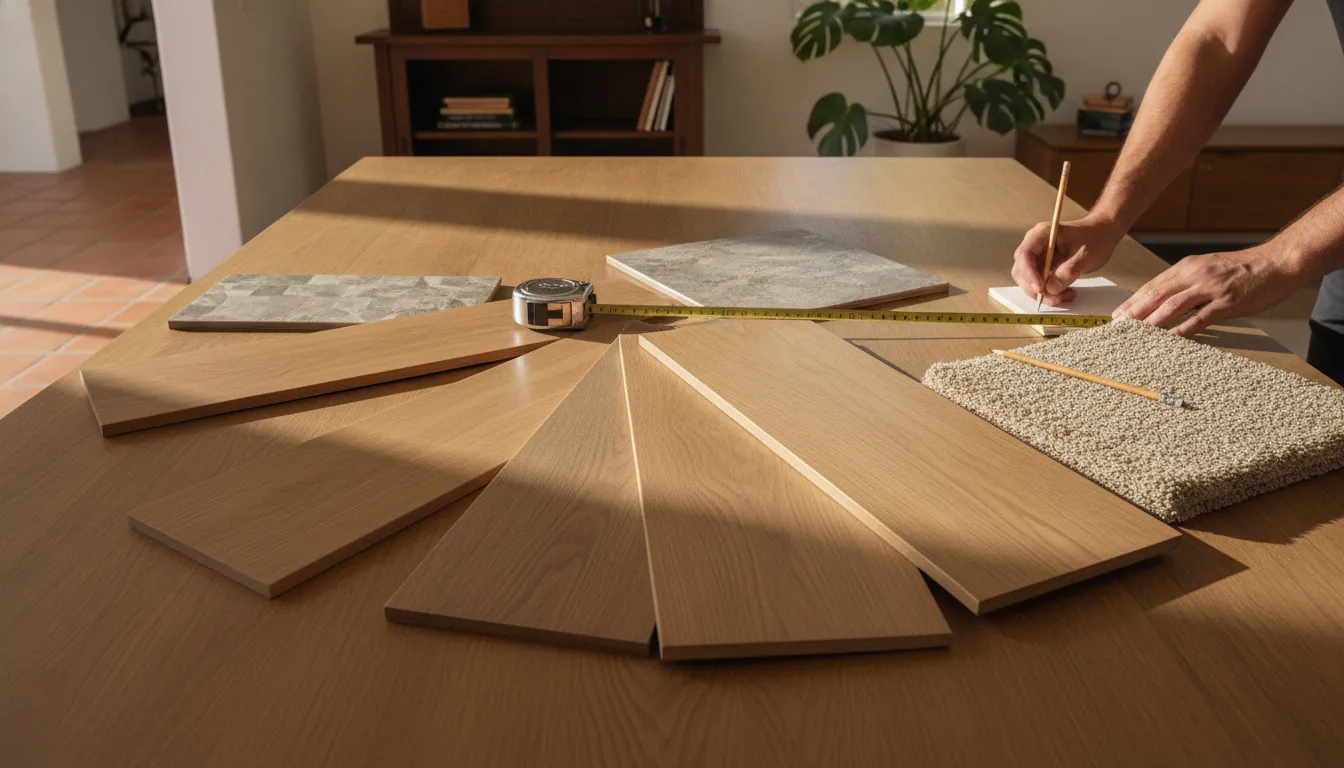 Flooring samples fanned out on a table with a tape measure