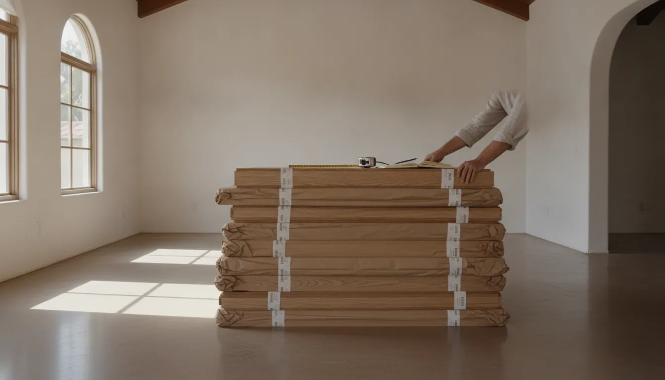Oak flooring bundles stacked to acclimate in an empty room