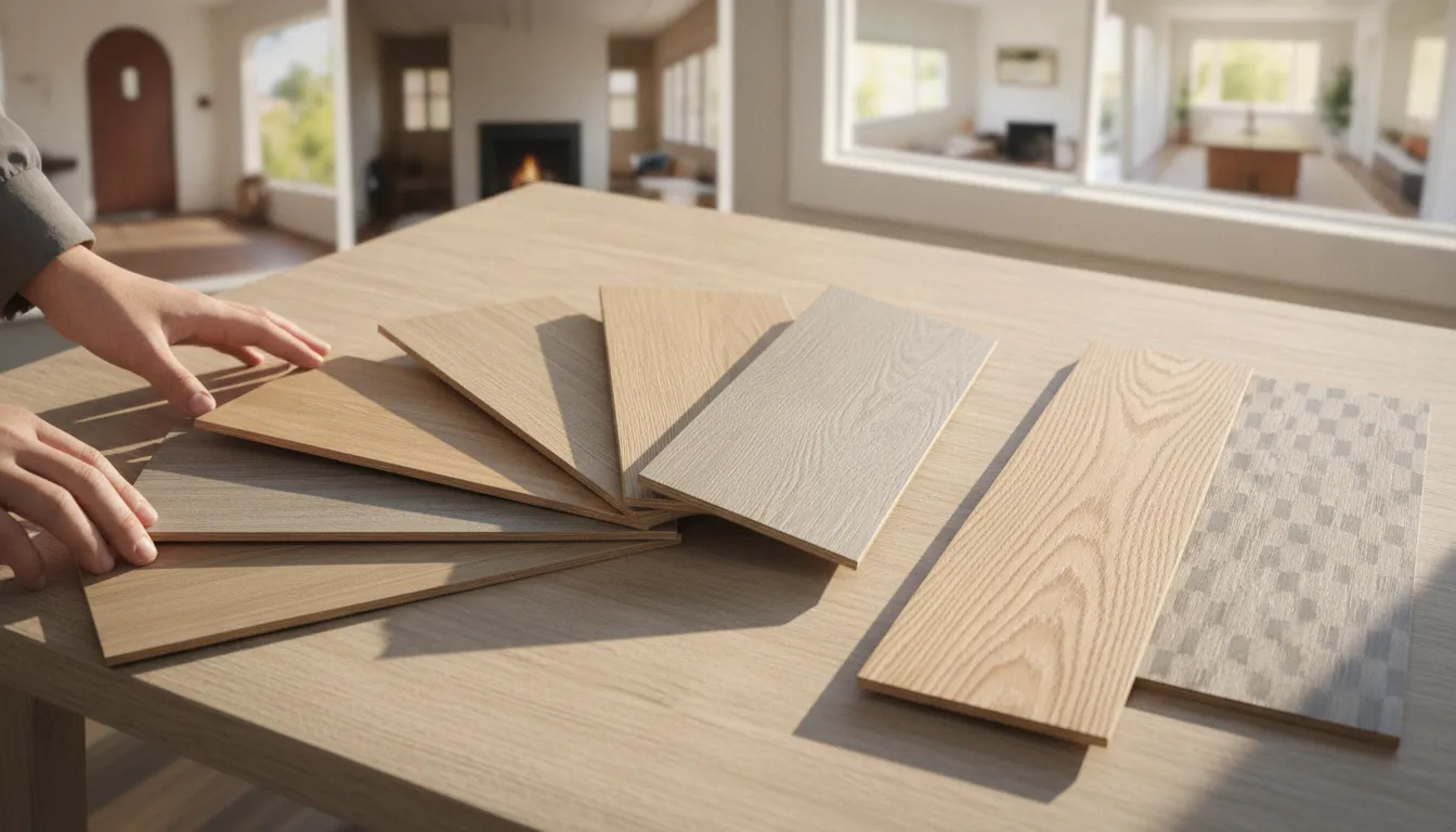 Luxury vinyl plank samples beside wood and laminate
