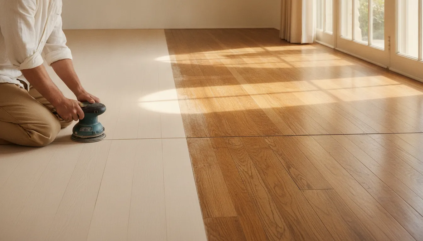 Oak floor half sanded beside the old worn finish