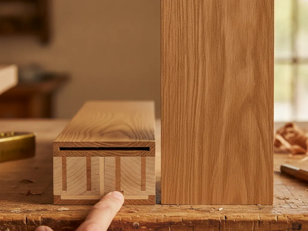 End of an engineered oak plank beside a solid oak board