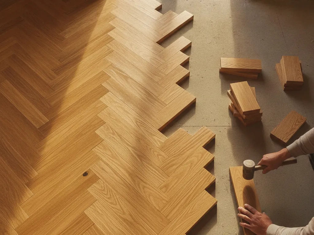Herringbone oak floor partly laid
