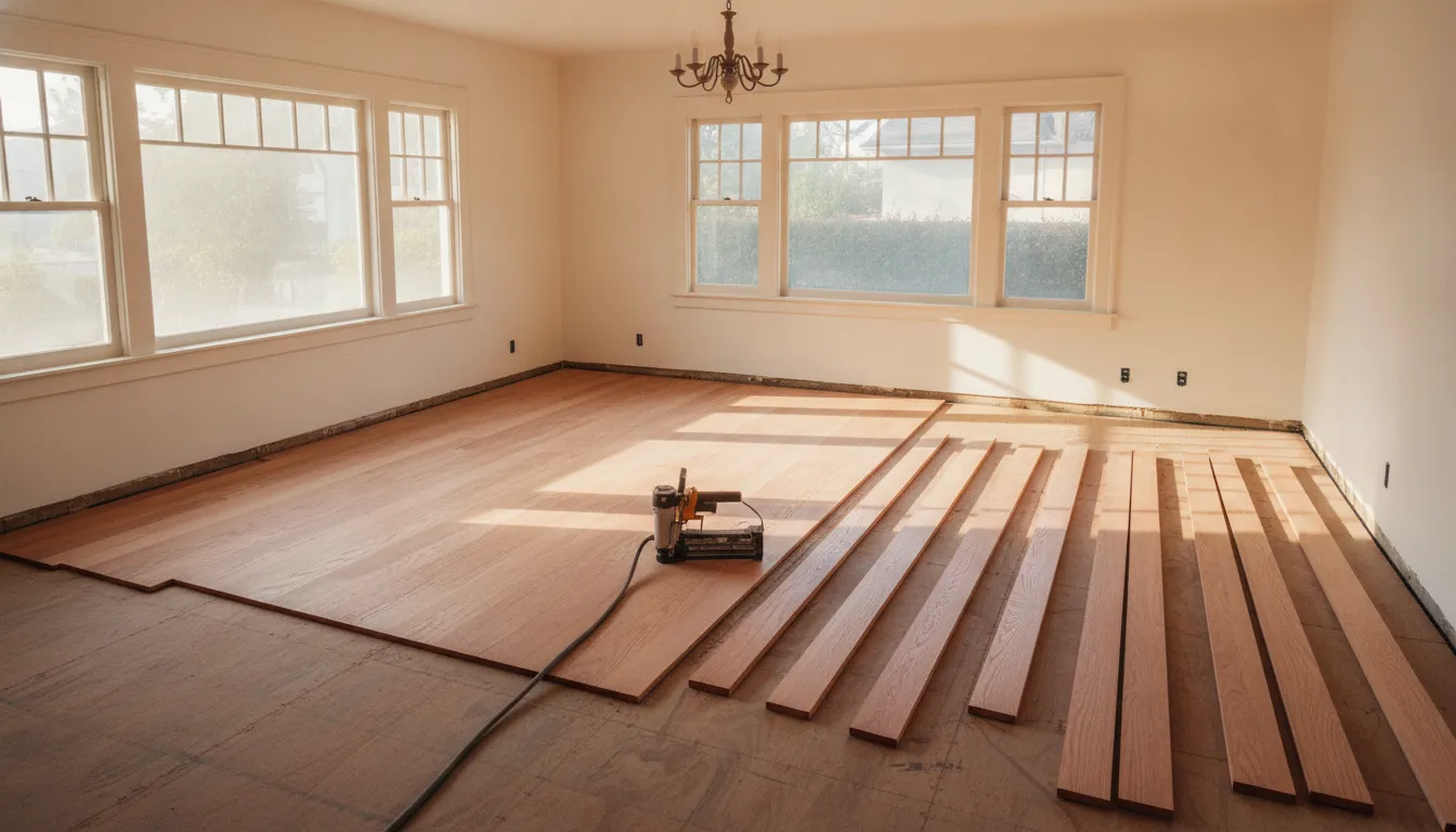 Red oak strip flooring being installed in a craftsman house