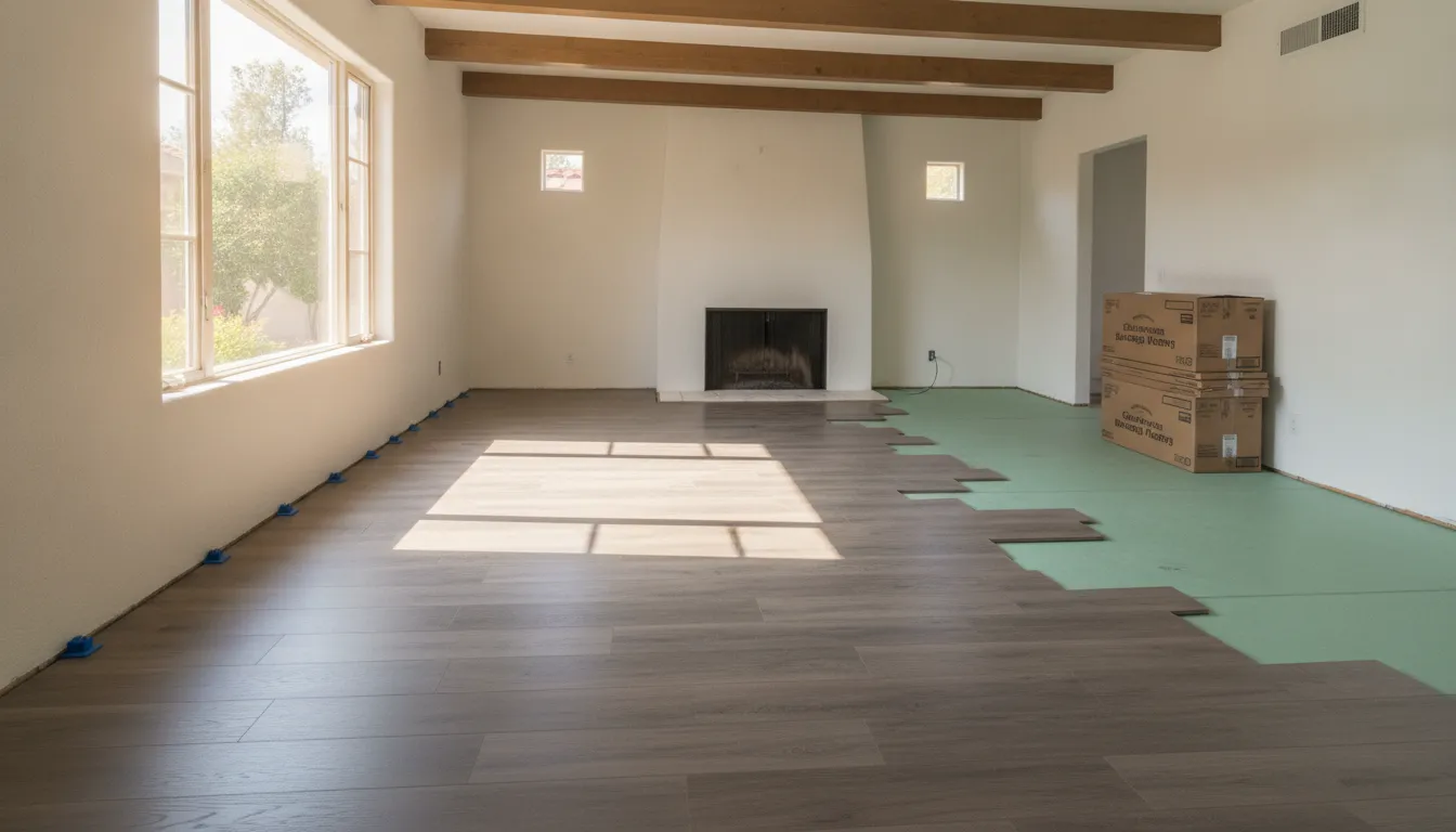 Laminate planks being installed with spacers at the wall