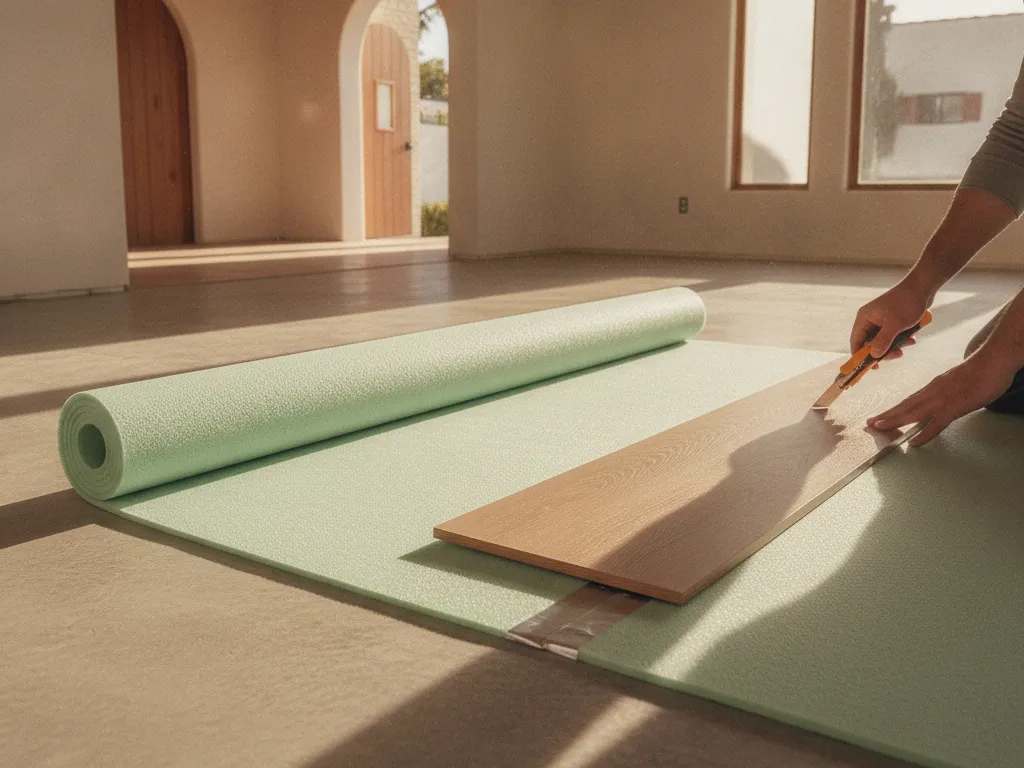 Underlayment unrolled with a laminate plank on top