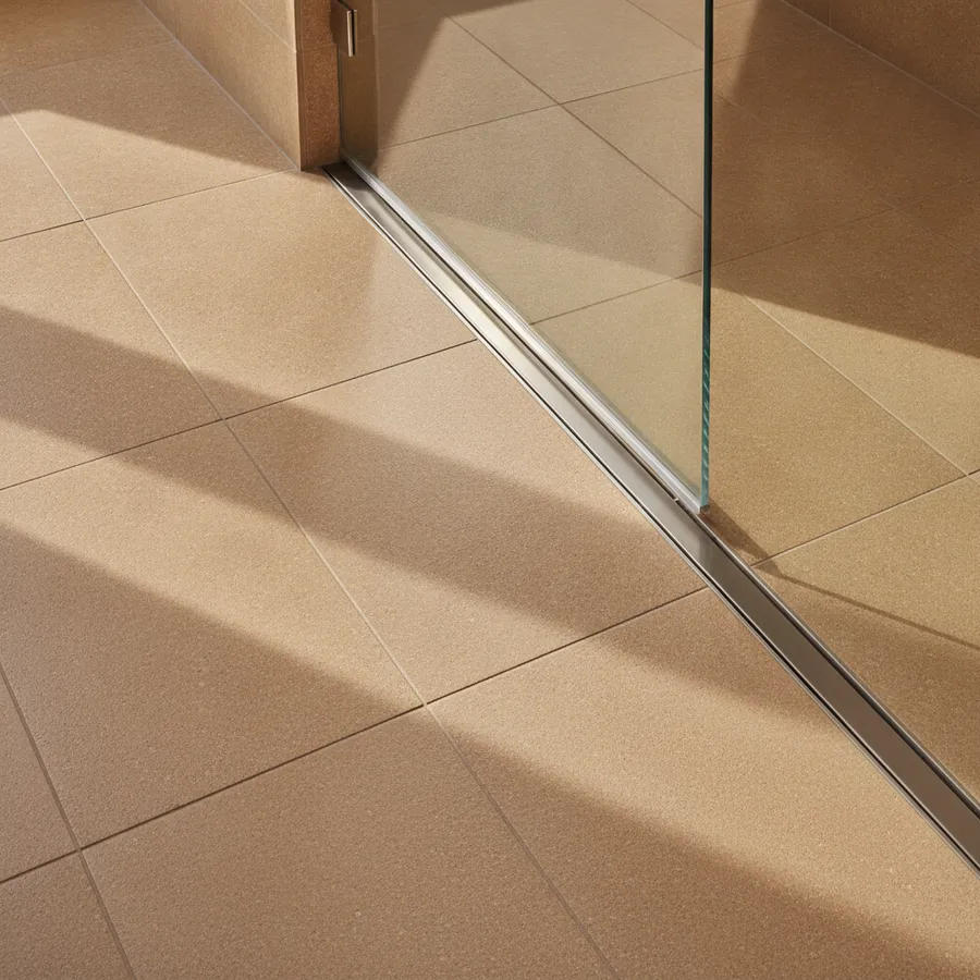 Textured porcelain bathroom floor by a linear drain