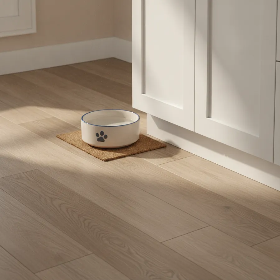Vinyl plank kitchen floor at the cabinet base