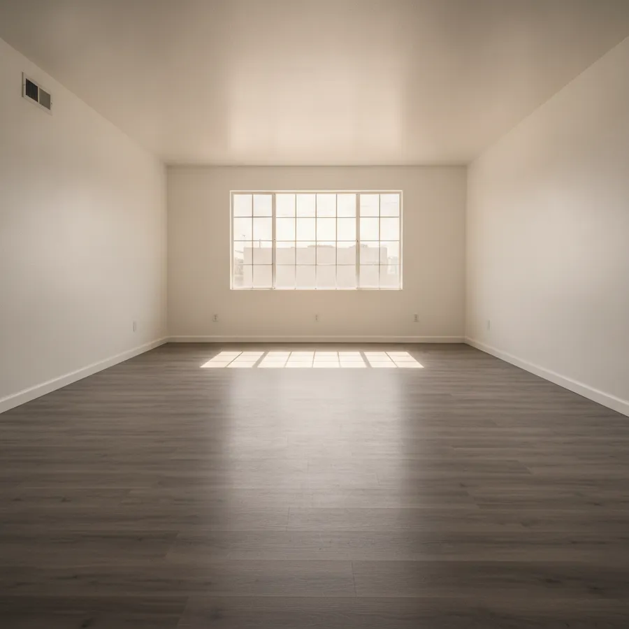 Empty apartment with a grey-oak laminate floor