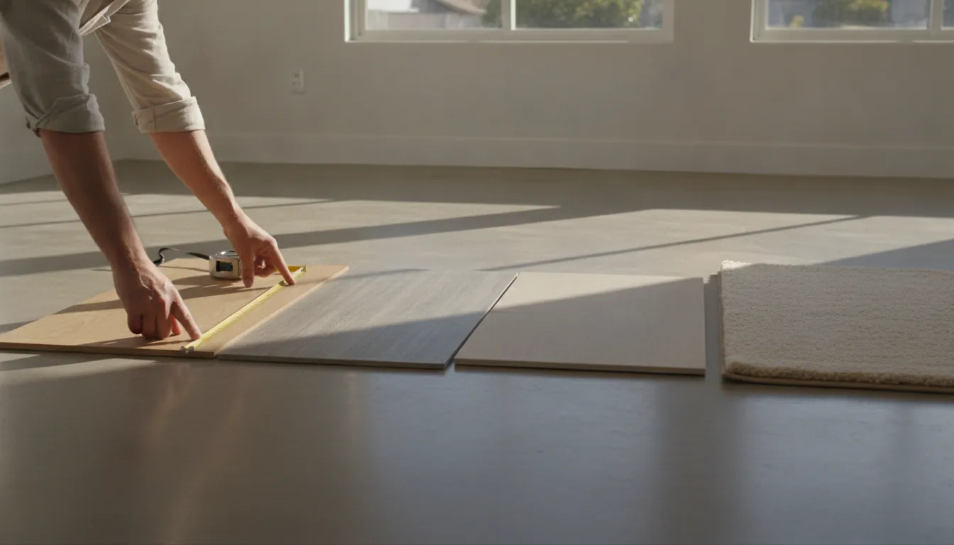 Flooring samples laid out on a concrete slab in an empty room