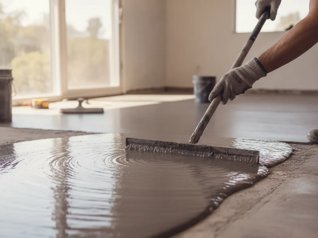 Self-leveling compound being spread over a concrete slab