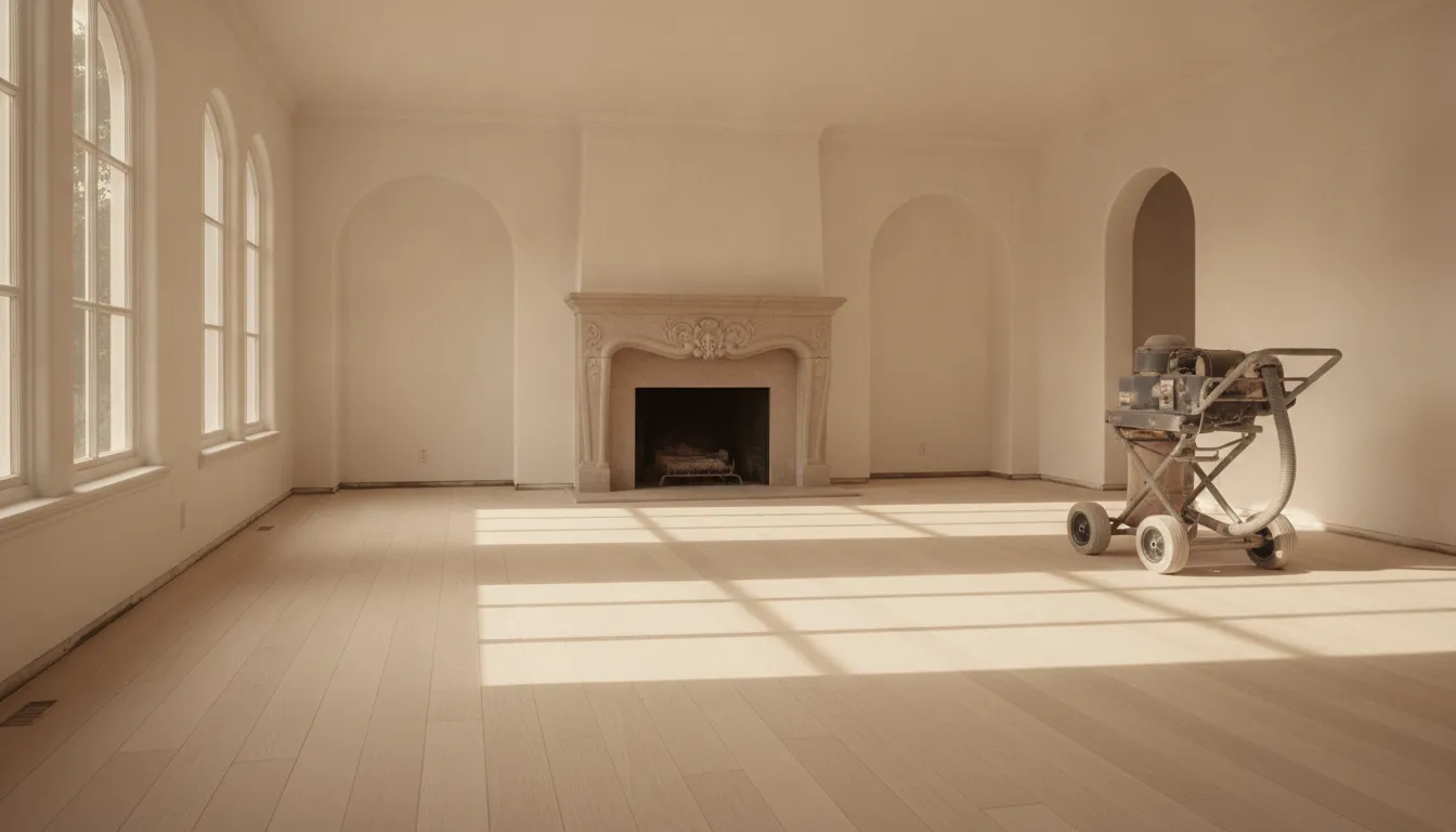Oak floor sanded to bare wood in raking sunlight