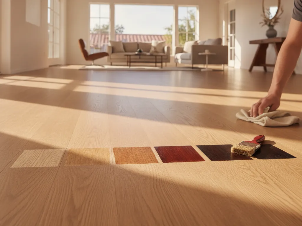 Stain samples brushed onto a sanded oak floor
