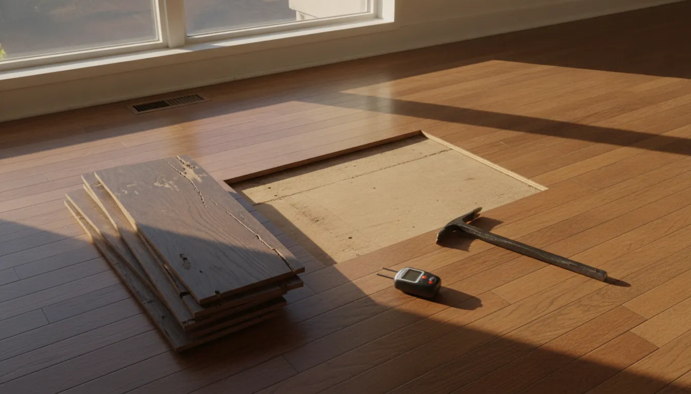 Hardwood floor opened to the subfloor for repair
