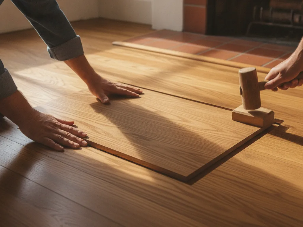 New oak board being fitted into an older floor