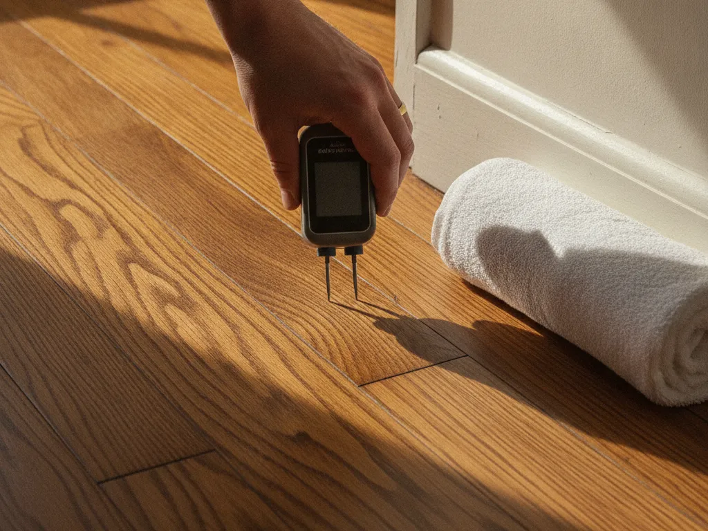 Moisture reading being taken on cupped floorboards