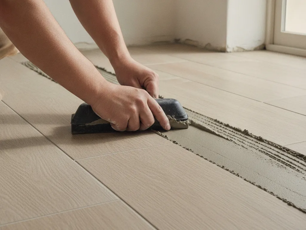 Grout being worked into porcelain floor joints