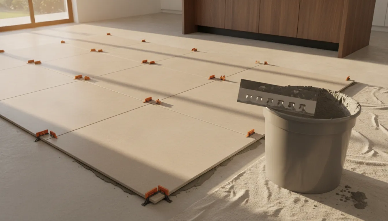 Large porcelain tiles being set with leveling clips