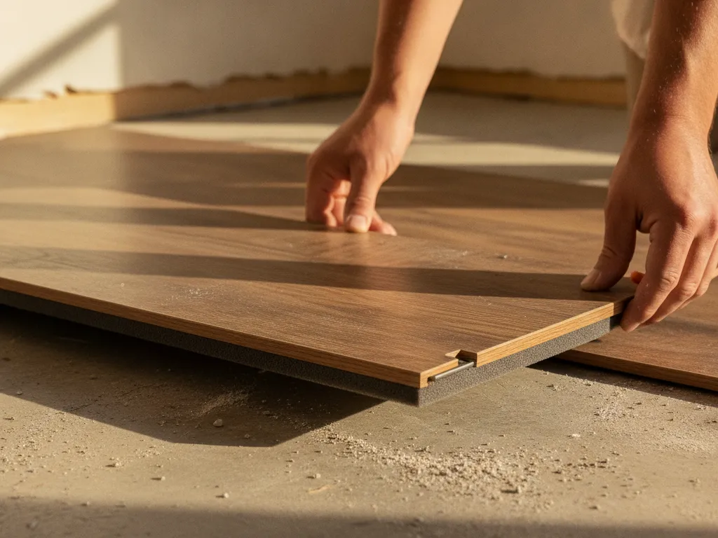 Edge of a rigid-core vinyl plank on a concrete slab