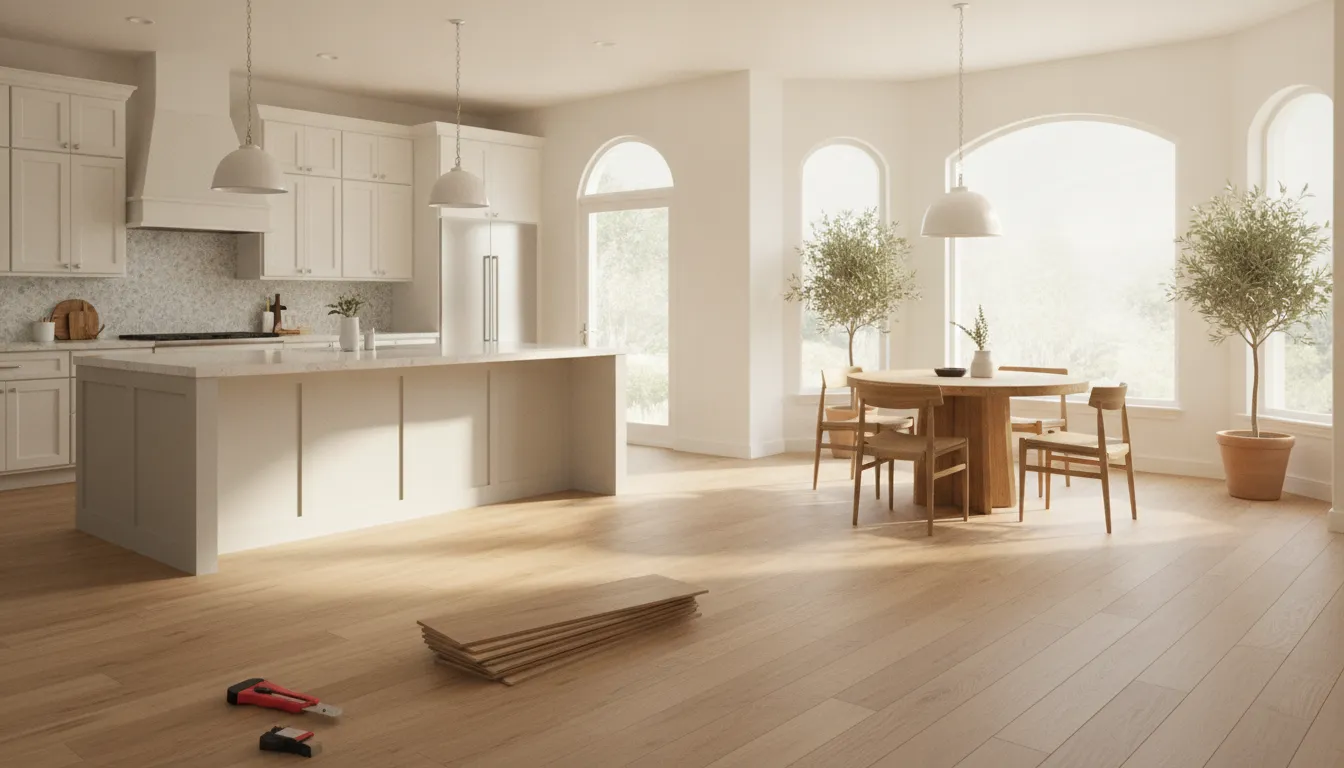 Luxury vinyl plank being installed in an open kitchen
